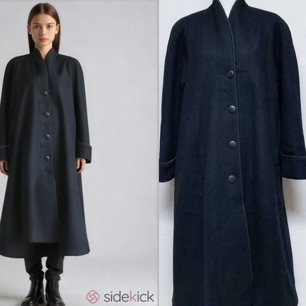 Vintage Mario De Pinto Black Wool Twisted Rope Trim Oversized Trench Coat